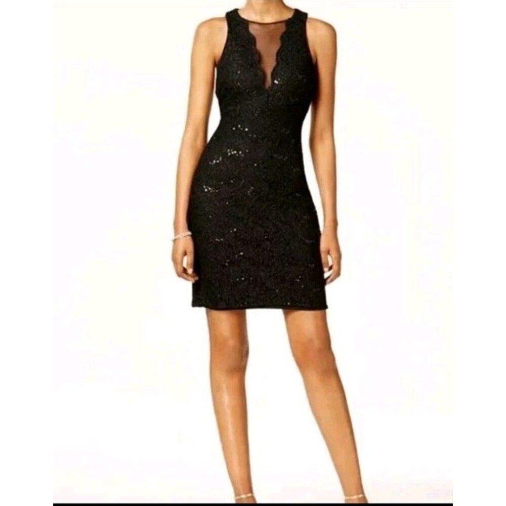 Nightway Black Lace Sparkly Sequin Sleeveless Lined A Line Dress Women's 4p